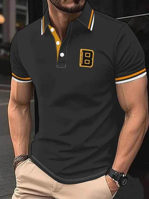 Men's Regular Fit Letter Print Stripe Trim  Polo Shirt, Casual Short Sleeve Half Zip Up Collar Top for Summer, Fashion Men's Clothes for Daily Wear, Tropical 2