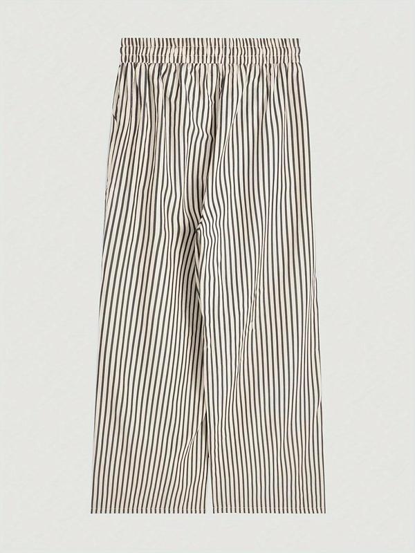 Women's Striped Print Elastic Waist Wide Leg Pants, Casual Comfy Trousers for Spring & Fall, Women's Bottoms for Daily Wear 1