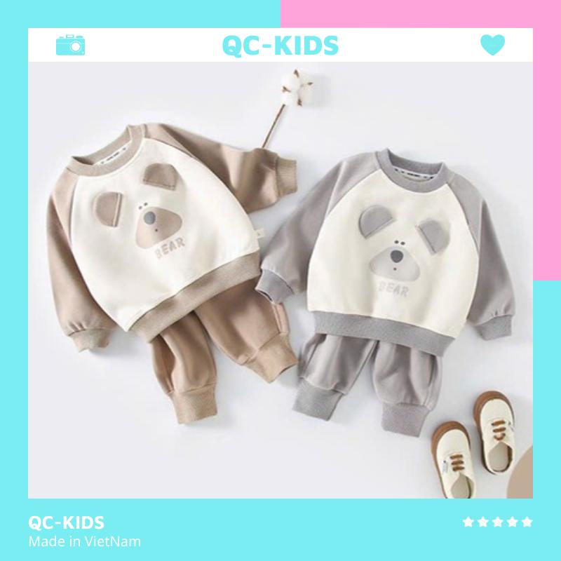  Bộ quần áo nỉ bông bé trai bé gái gấu BEAR in pet đính tai cho bé 8-18kg 