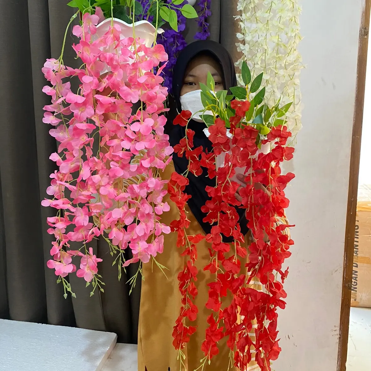 BUNGA SAKURA JUNTAI POT DINDING Plastik Purple