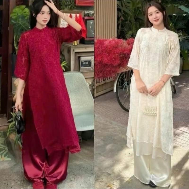 ÁO DÀI HOA NỔI - Áo Dài Cổ Tay Phối Quần Lụa Có Chun Bigszie 55-90kg Áo dài lông vũ áo dài bigsize Women Nữ Top