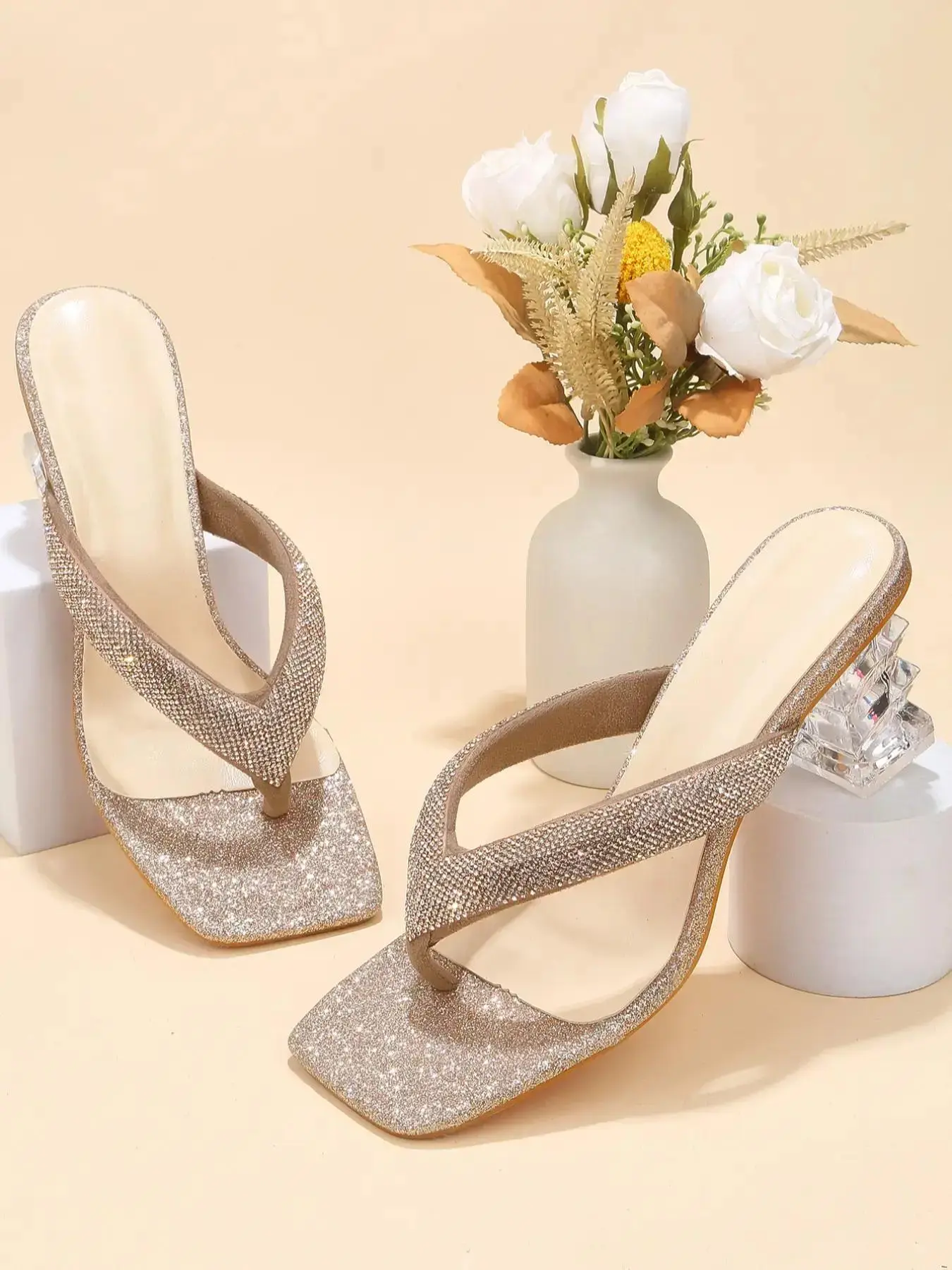 Women's Fashionable Glitter Square Toe Slide Sandals, Elegant Transparent High Heel Sandals for Summer, Stylish Designer Shoes for Women, Girl