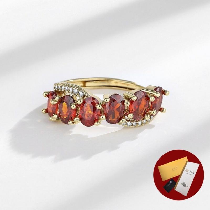 Product Introduction of (With Gra Certificate) Light Luxury Gold-Plated Premium Red Treasure Pomegranate Red Open-End Moissanite Ring 19