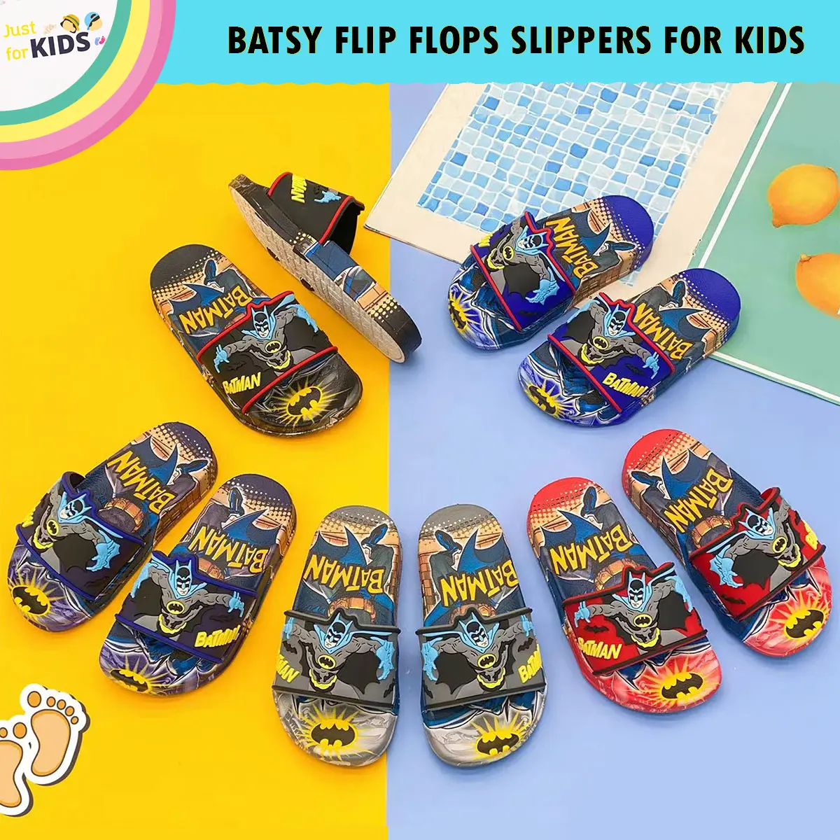 JFK Batsy Slip-On Slippers for Kids Boys Flip Flops Wide Strap Slippers (Add One Size)
