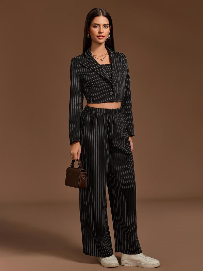 Product Introduction of YOZY Women's Striped Print Button Front Blazer & Cami Top & Elastic Waist Pants Set, Long Sleeve Lapel Neckline Outerwear & Sleeveless Top & Wide Leg Trousers, Casual Women's Three-piece Outfits for All Seasons, Valentine's Day Outfit 16