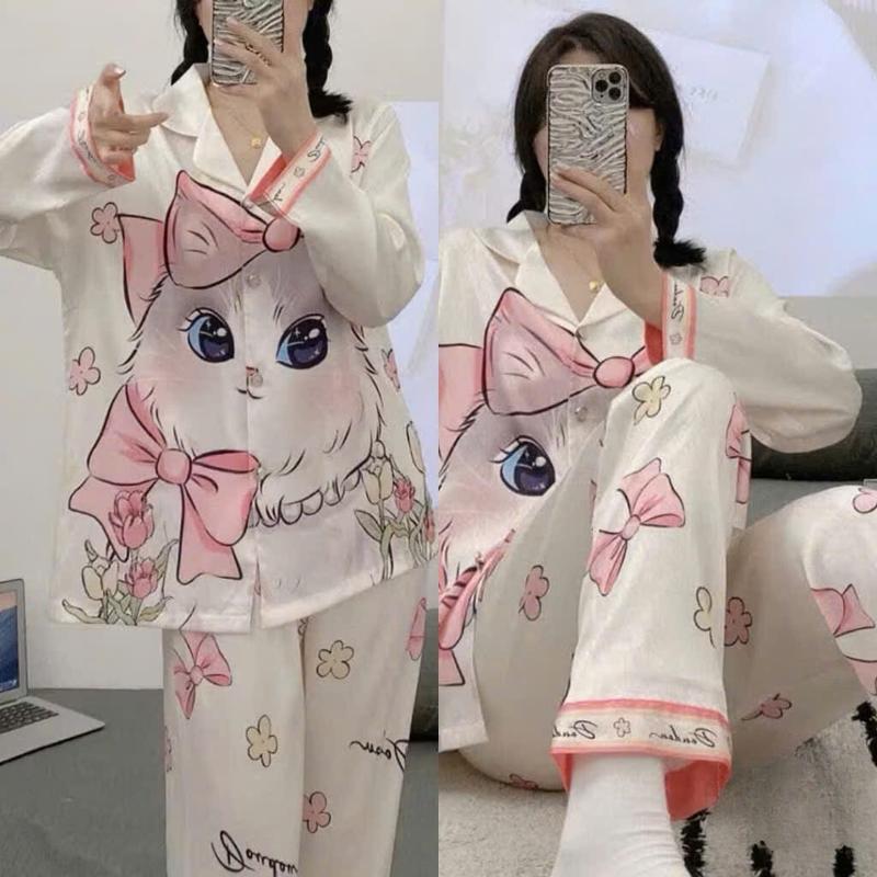 Bộ đồ ngủ mặc nhà dài tay in hình vải satin cao cấp - Bộ pijama hoạt hình dễ thương Nữ Women Quần Ngủ Áo Ngủ 0