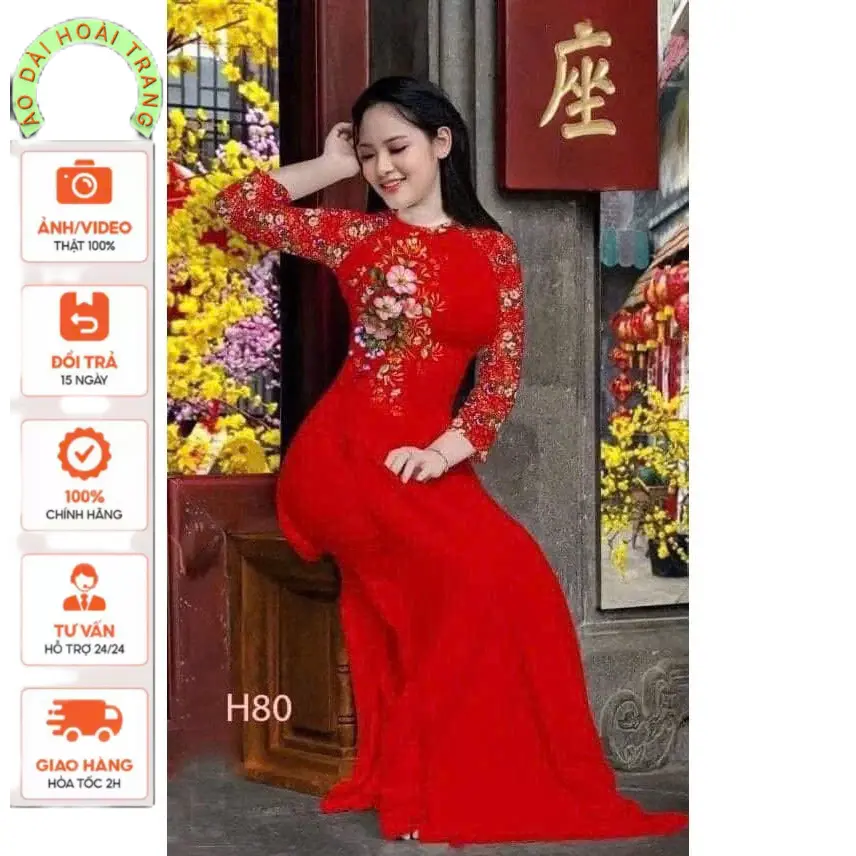Áo dài in 3D Hoa  cổ tròn tay phồng vải lụa nhật - Áo Dài Hoài Trang