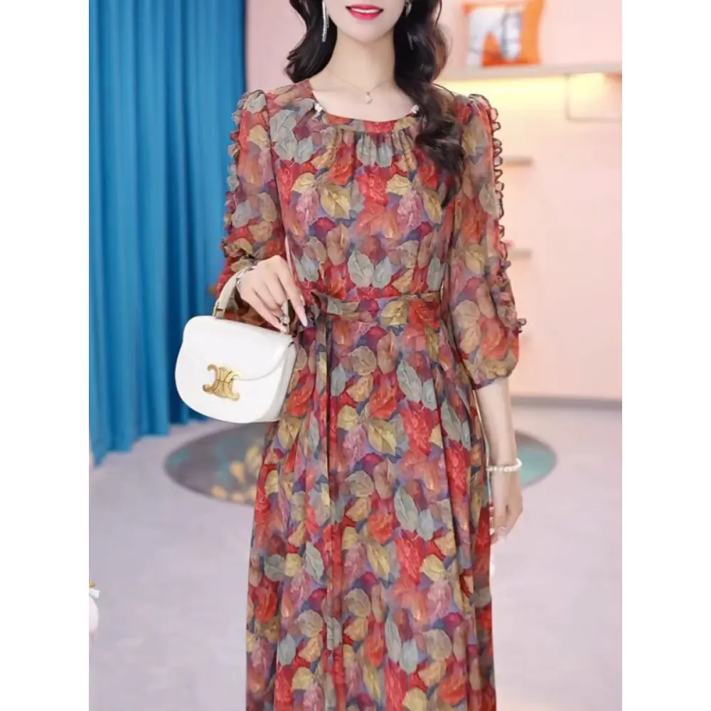 FADFAD [SHORT VIDEO] Gaun rok elegan motif bunga pinggang ramping dengan lengan panjang dan terdapat variasi tali pinggang