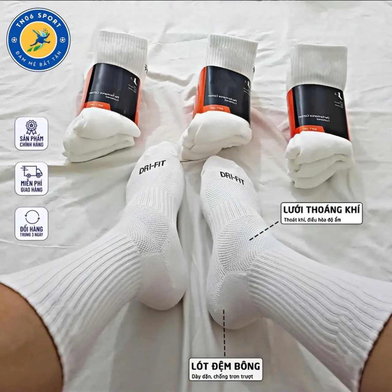 Tất thể thao cao cấp DRI FIT cổ cao có đệm xù, thoáng khí, co giãn 4 chiều Sport - Free size 38-43