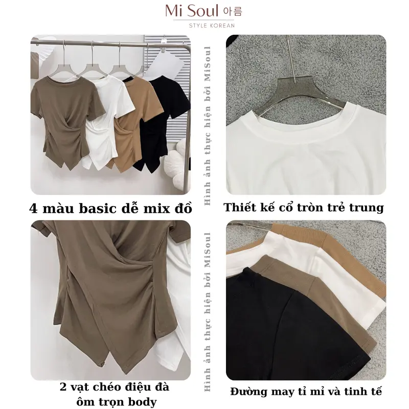 Áo Thun Xoắn Eo Cổ Tròn MiSoul BigSize , Áo Cộc Tay BigSize Vạt Chéo 199 Top Nữ Women Đen Cotton Voi 2