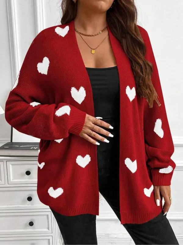 【Plus Size】 Heart Print Open Front Sweater Cardigan, Casual Long Sleeve Cardigan for Fall & Winter, Women's Plus Clothing for Daily Wear 8