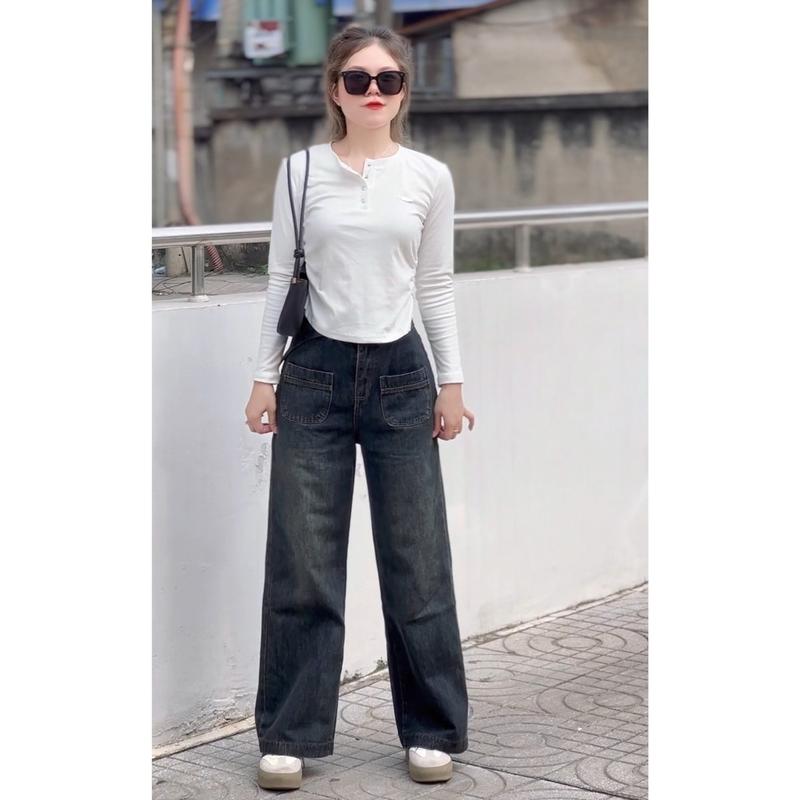 0086 BIGGSIZE Quần suông jeans 9 tấc cạp cao, quần jeans ống rộng may gấu to Nữ Women
