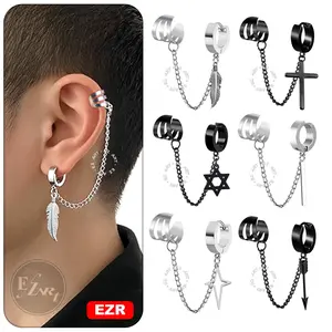 EZR - ANTING KPOP FASHION COWOK EAR CLIP SAMBUNGAN RANTAI SILVER HITAM JEPIT TUSUK PRIA WANITA BTS