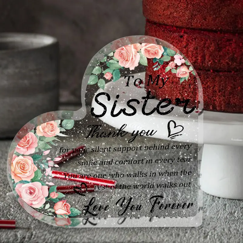 Flower & Letter Pattern Acrylic Decor Sign, Heart Shaped To My Sister Thank You Gift, Sister Friendship Plaque for Women, Desk Ornament, Memorial Gift 4