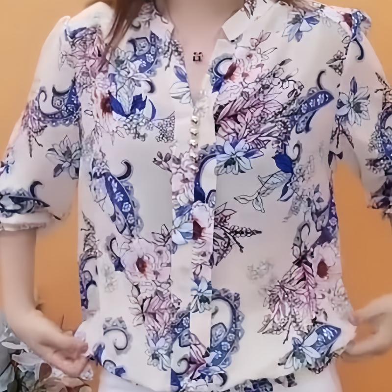 Áo Kiểu Nữ Tay Ngắn Hàn Quốc Bo Gấu In Hoa Sang Chảnh Mát Mẻ Women Top Màu Trắng Shirt Cổ Tròn Sơ Mi