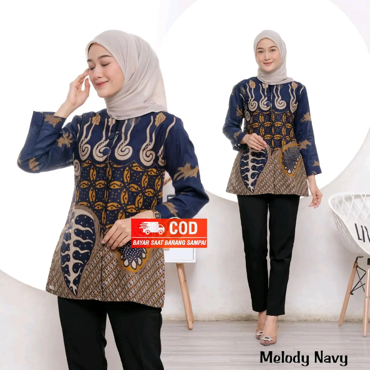 Baju Blouse Batik Atasan Wanita Kain Katun  Model Kancing Kombinasi Motif Terbaru 2023 Melody Navy Modern Lengan Panjang Seragam Untuk Kerja Kantor Muslim Simple Nyaman Biru Maroon Busui