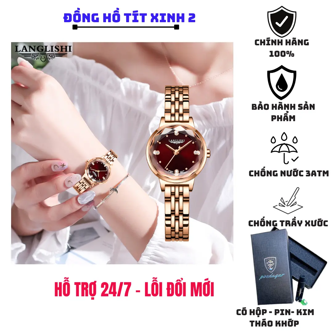 Đồng hồ nữ đẹp sang chảnh nhỏ gọn chống nước 3ATM, mặt đỏ tía, kính tinh thể sapphire chống xước, các múi giờ được đính đá