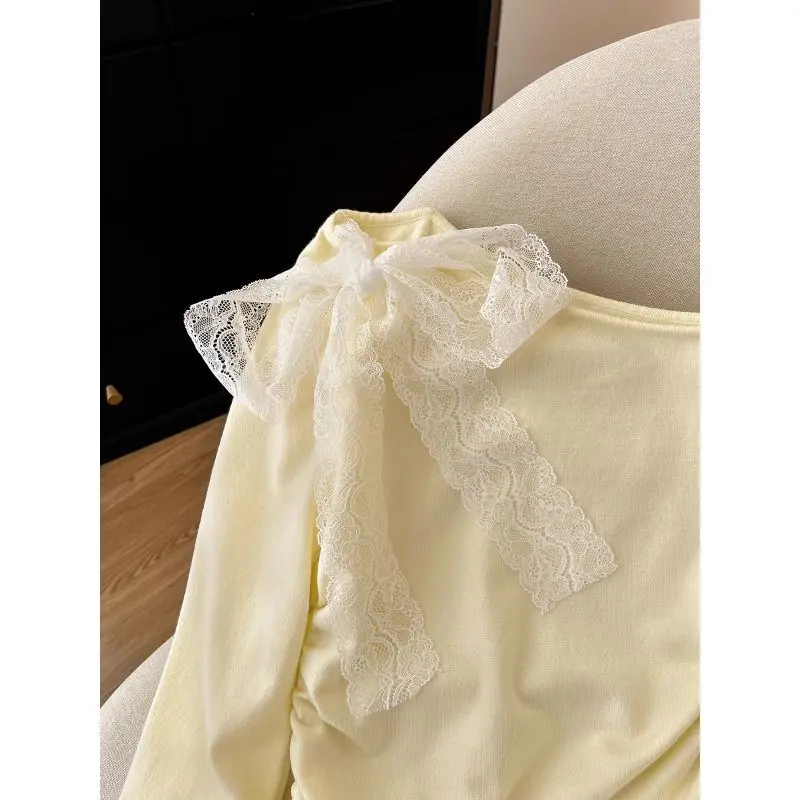 Áo Phông Nhẹ Nhàng, Trễ Vai, Dài Tay Nữ, Dây Đeo Ren, Nơ Bên Trong, Áo Sơ Mi Lớp Nền Trễ Vai, Áo Ngắn 3