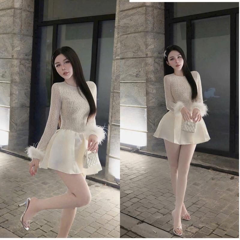 Đầm dự tiệc ren tay dài phối lông vũ chân váy chất taffta màu trắng màu đen sang chảnh T1018 Dress Nữ Women