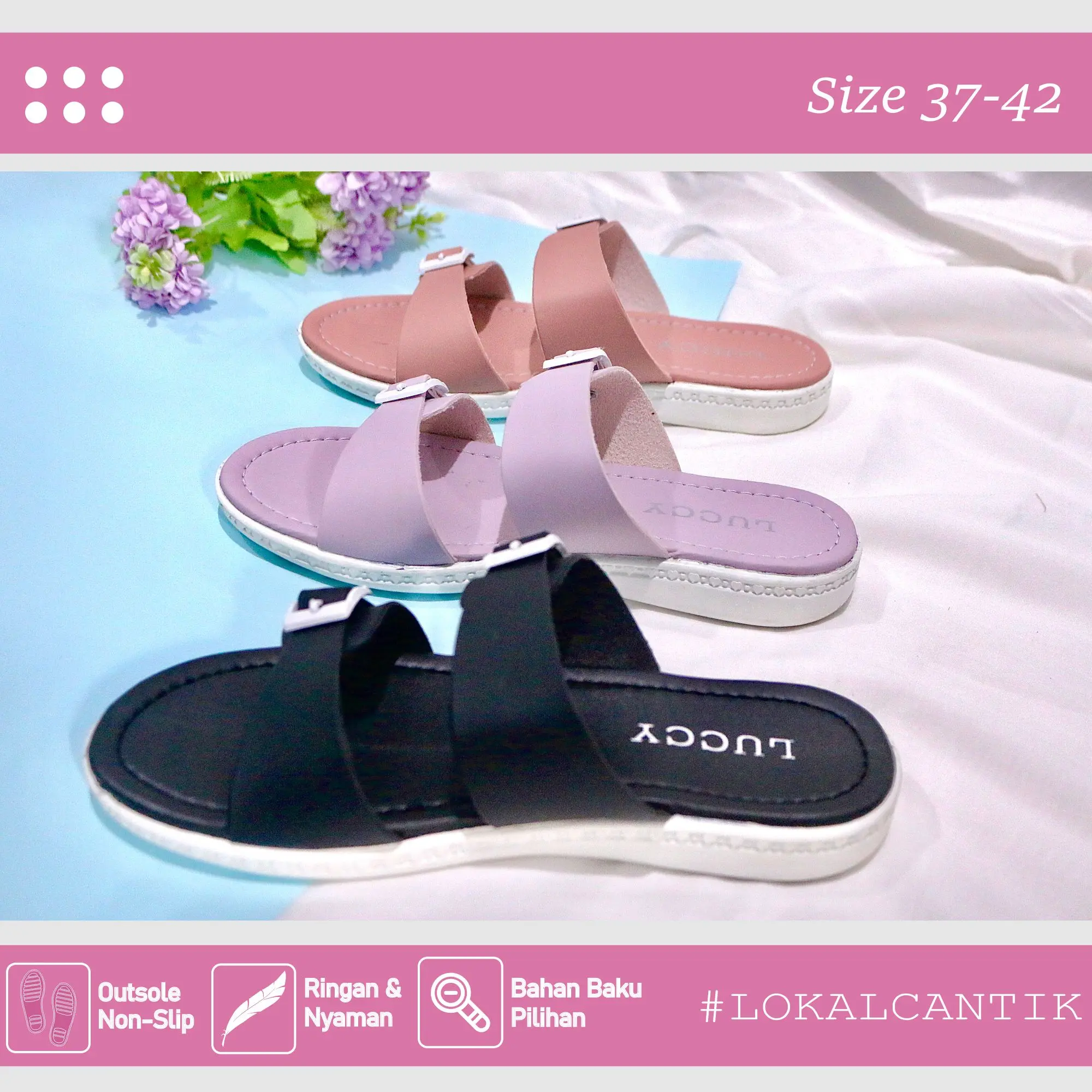 Luccy B2 Sandal Wanita Korea Doble Slip Jumbo Size 37-43 Flat Hitam