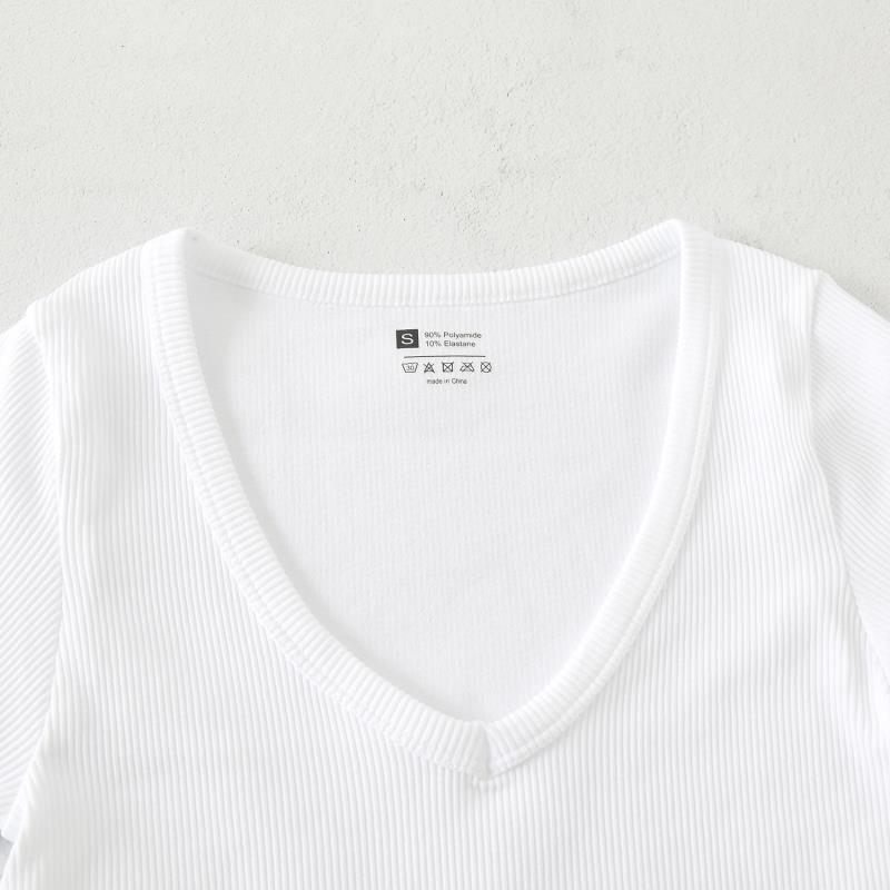 Product Introduction of European and American Yoga Wear Sexy Stretch Yoga Seamless Sports Top Short Sleeve V-Neck Slim Fit Solid Color Ribbed T-Shirt 25