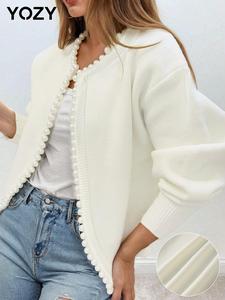 YOZY Women's Faux Pearl Decor Drop Shoulder Cardigan, Casual Long Sleeve Open Front Knitwear for Spring & Fall, Fashion Women's Knit Clothing for Daily Wear