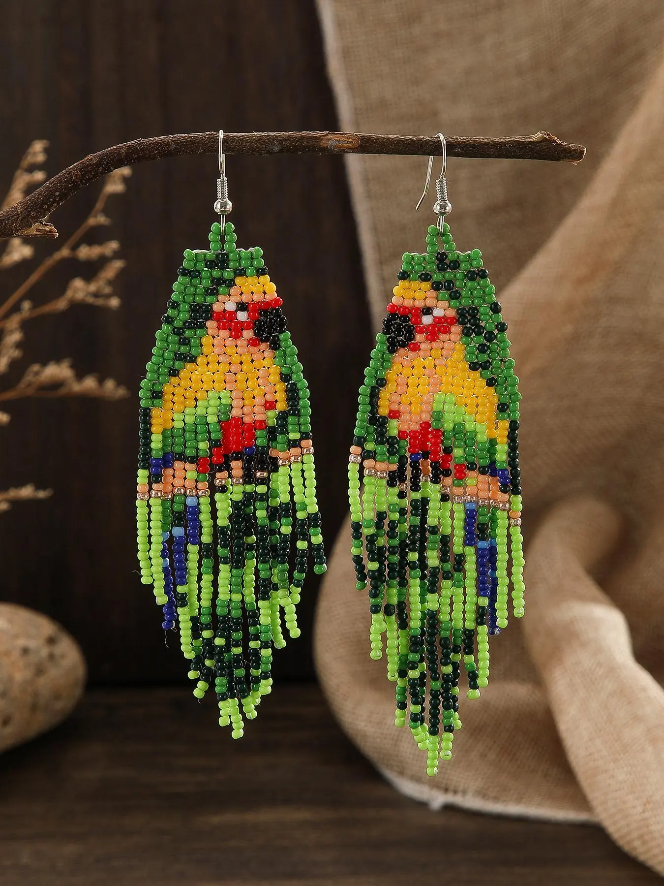 Boho Style Parrot Pattern Beaded Tassel Earrings, Fashionable Jewelry for Women, Trendy All-match & Exquisite Jewelry for Birthday Gift