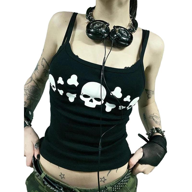 Áo Ba Lỗ Goth Cho Nữ, In Hình Đầu Lâu Cổ Điển Hở Lưng, Áo Hai Dây cổ xẻ Sâu, Áo Sơ Mi Ôm Sát Không Tay Grunge, Thời Trang Đường Phố Women Top 2