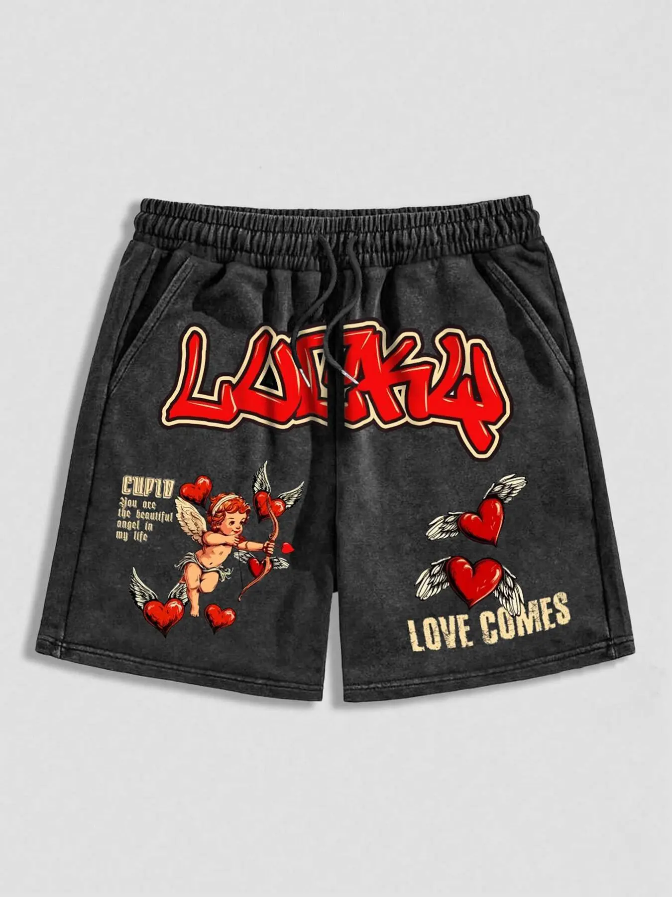 Men's Cartoon Angel & Letter Print Shorts, Regular Fit Casual Comfy Breathable Shorts for Daily Wear, Men's Bottoms for Summer