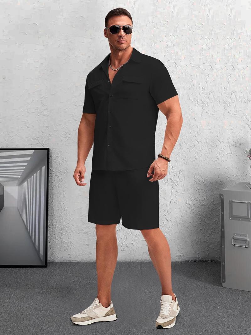 Product Introduction of Two-Piece Set Men's Solid Short Sleeve Top & Shorts, Casual Comfy Round Neck Shirt & Shorts for Summer, Men's Clothes for Daily Wear 4