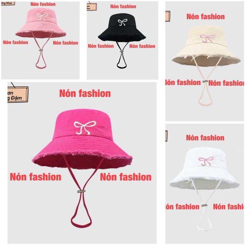 Mũ bucket nữ - Nón vành tròn tua rua thêu nơ có dây - phong cách thời trang cá tính nữ