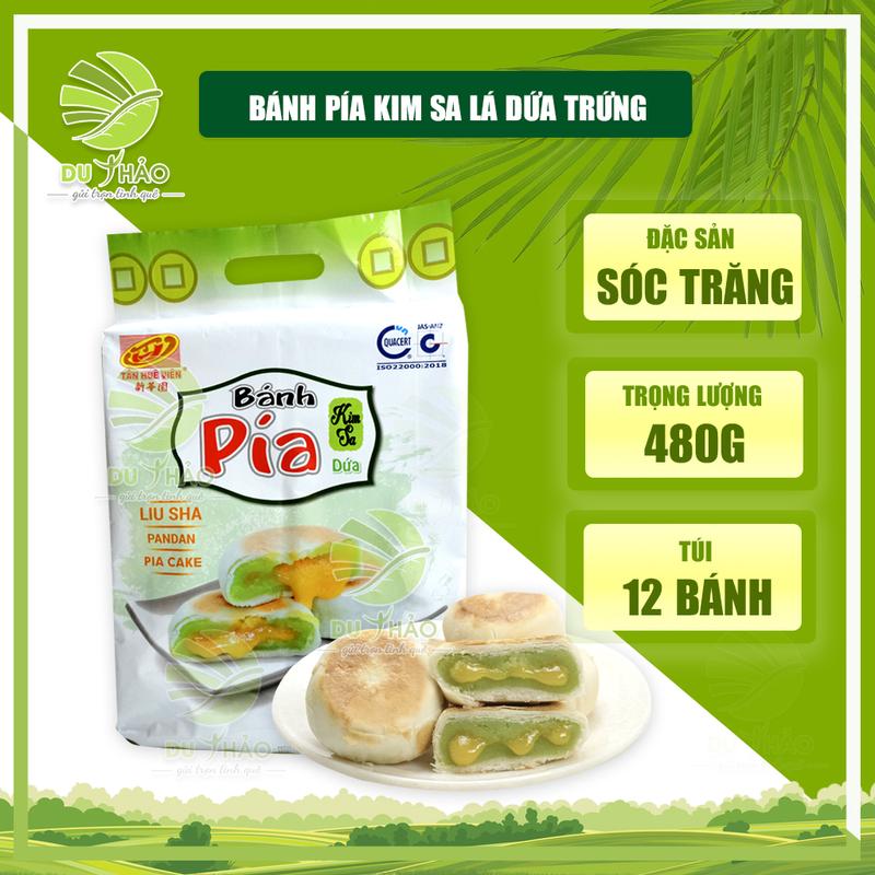 Bánh pía kim sa LÁ DỨA trứng muối tan chảy 480g túi 12 bánh , bánh pía Tân Huê Viên Sóc Trăng