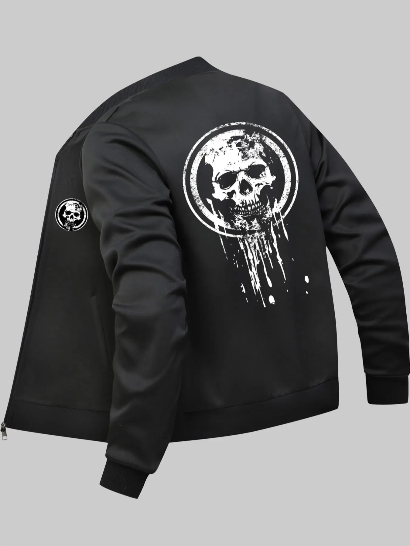 Men's Skull Print Zip Up Pocket Jacket, Regular Fit Casual Long Sleeve Baseball Collar Outerwear for Daily Wear, Fashion Men's Clothes for All Seasons