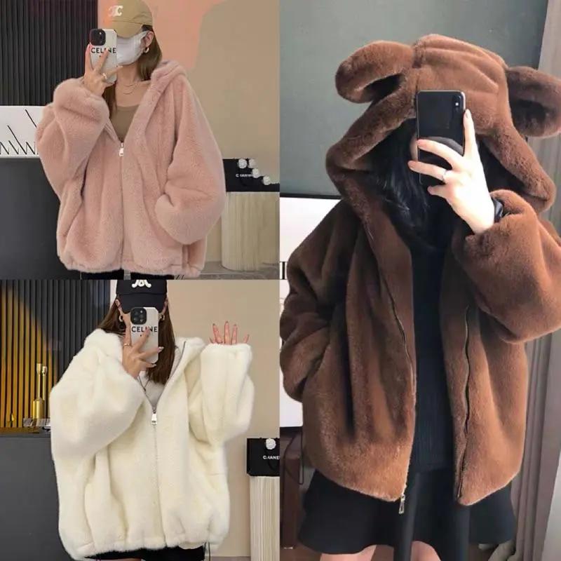 Áo khoác lông cừu tai gấu form rộng, áo lông nữ mượt mà 2 mặt màu đen trắng nâu hồng thời trang hàn quôc, Áo khoác lông thỏ tai gấu xinh xinh SU LYLY