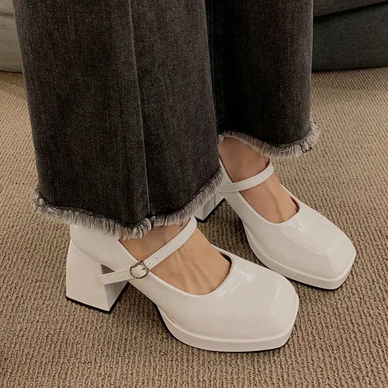 JINxCHOY SHOES 9CM Thick Heel Shiny PU Leather Breathable Fashion High-heeled Shoes Outdoor Office Shopping Comfort Women's Shoes SS24