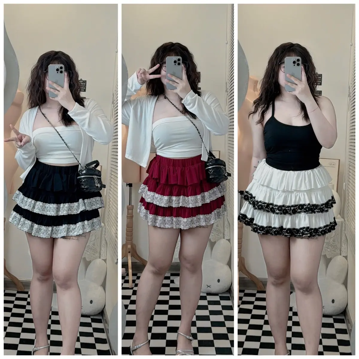 [bigsize60-90kg] Chân váy xếp ly phối ren