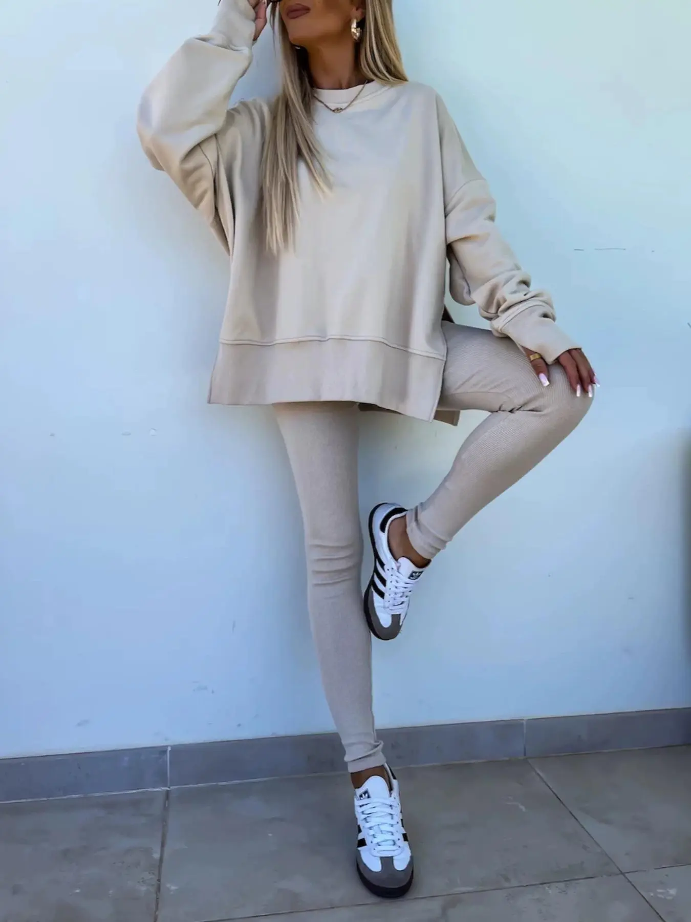 Women's Baggy Solid Color Sweatshirt & Sweatpants Matching Set, Casual Long Sleeve Round Neck Pullover & Jogger Pants, Ladies Sportswear for Indoor Outdoor Wear, Clothing