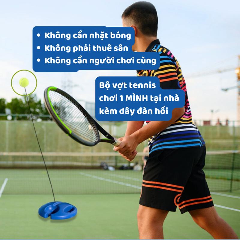 (CÓ KÈM VỢT) Bộ dụng cụ tập luyện đánh bóng Tennis 1 mình tại nhà kèm Vợt-đế-bóng, Dụng cụ tập tennis tại nhà gồm cả vợt tennis mà chi phí thấp như vợt cầu lông