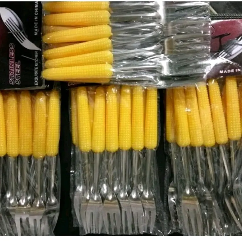 Garpu Gagang Plastik Jagung Kecil Kue Cake Buah Stainless Isi 12pcs