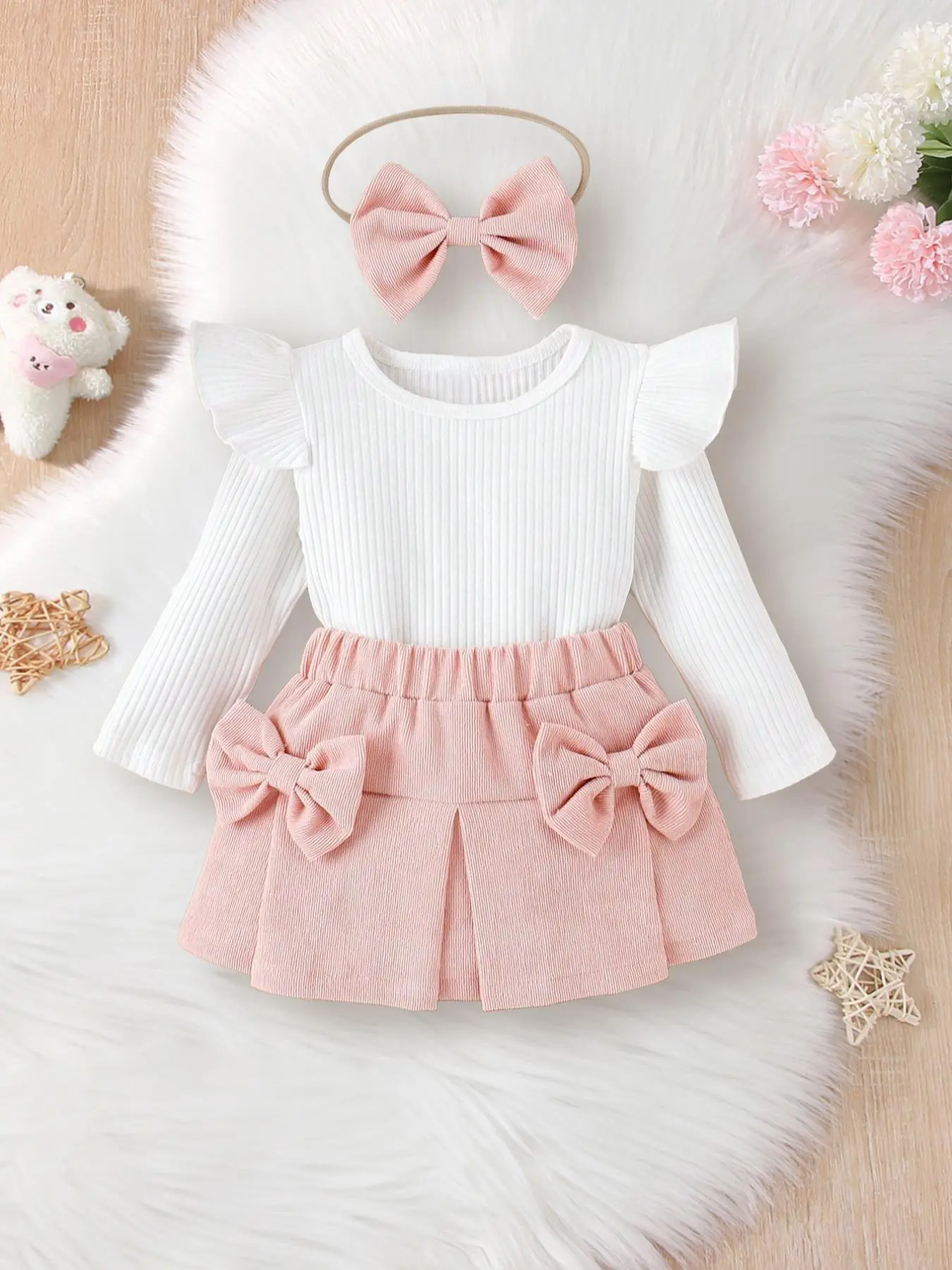 Baby Girl's Butterfly Sleeve Ribbed Tee & Bow Plicated Skirt Set with Hair Band, Comfort Cozy Cute Two Piece Outfits for Infant Toddler Girls, Baby Girl Clothes, Newborn Baby Girls Gifts,  Bebe Clothes, Kids Outfits 4 Gilllett