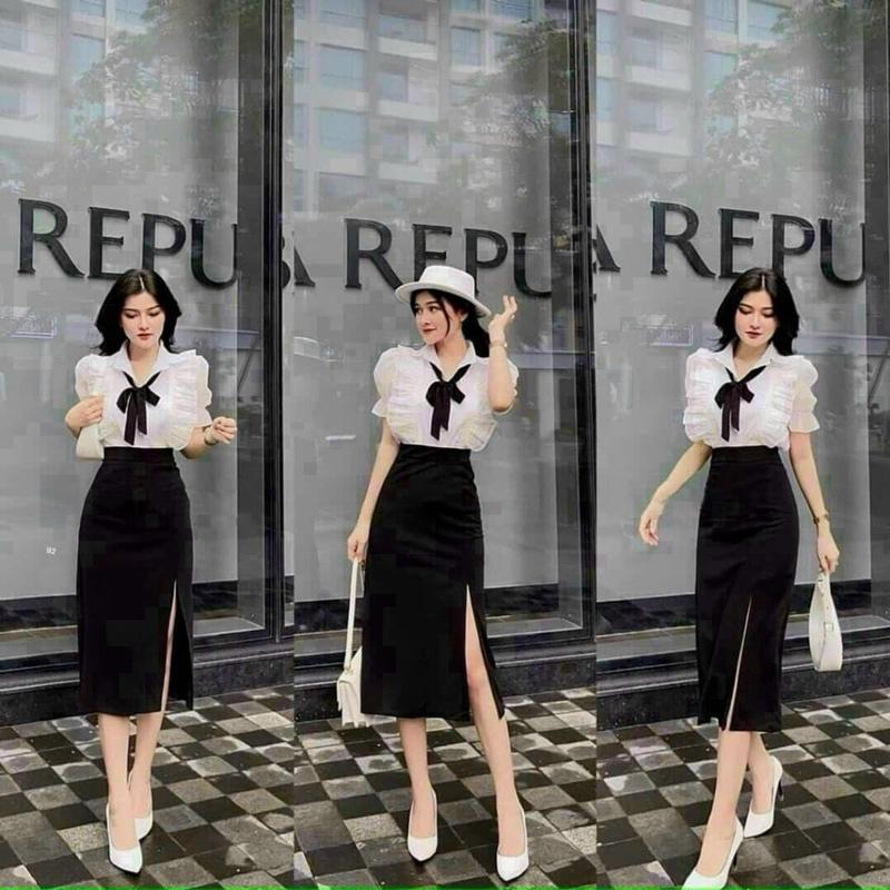 Set áo lụa 2 lớp bèo cài nút thật kèm chân váy xẻ tà chất umi phù hợ cho chị em đi chơi làm công sở
