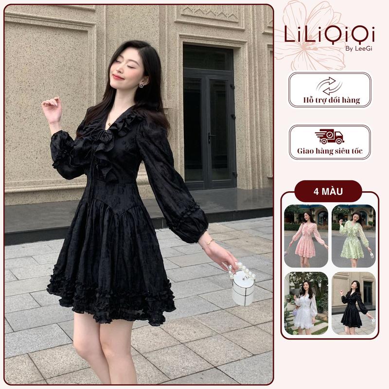 Váy Hoa Nhí Đan Dây Cổ LiLiQiQi By LeeGi Váy Tiểu Thư Hoa Nổi Chiết Eo Dáng Midi Dress - VT727 Women
