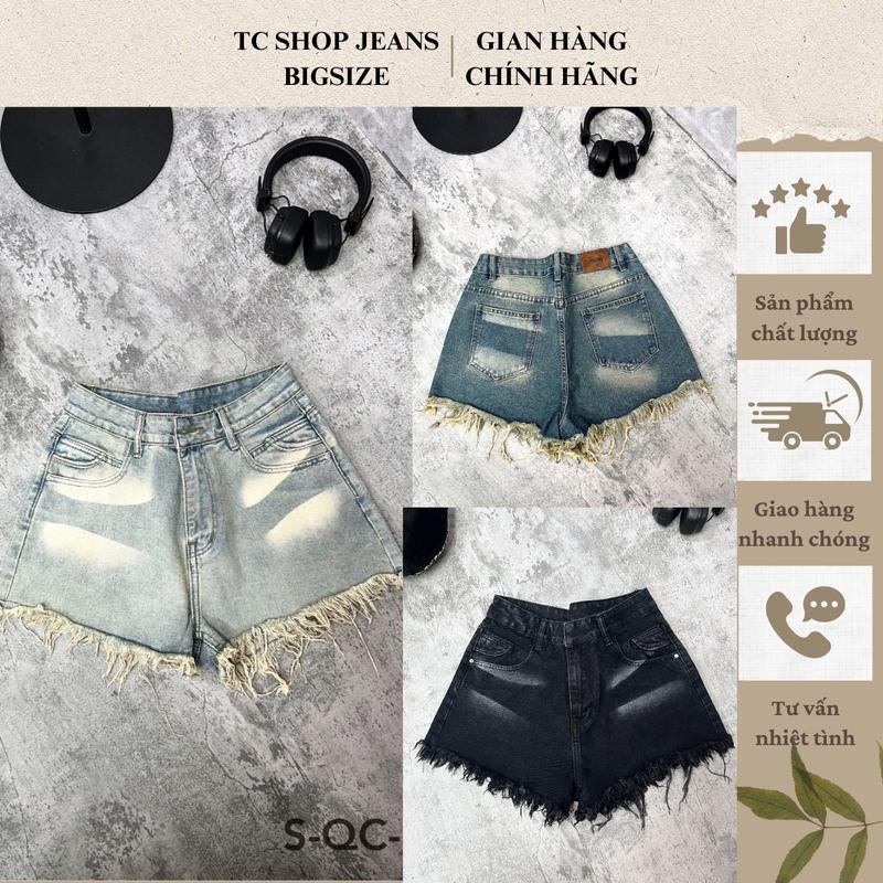 TC Shop Jeans - Quần Short Nữ Bigsize Loang Màu Hai Mặt Tua Rua Lưng Cao Form A Ba Màu Bụi Rêu Đen S-QC- 03