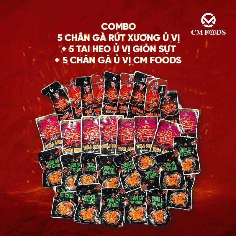 Chân gà CM Foods - Combo siêu phẩm 15 cái -  5 Chân Gà Rút Xương (Cay Hơn) + 5 Tai Heo Giòn Sựt (Cay) + 5 Chân Gà Ủ Vị (Cay/Cay Hơn) - Vị Cay Hơn - Ăn Vặt Việt Nam (NB)