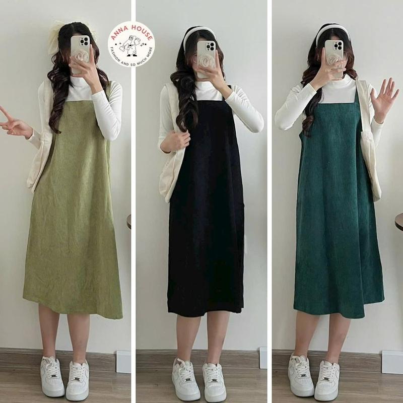 Yếm Váy Nhung Tăm Nữ Suông Rộng Dáng Dài Nhiều Màu, Váy Yếm Nữ Hai Dây Quai To Dáng Dài Nhung Gân Form Rộng Vintage