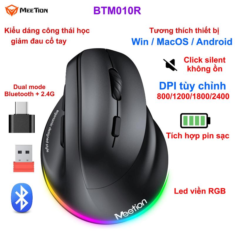  Chuột không dây Meetion BTM010R Dual Mode 2.4G + Bluetooth công thái học nút bấm yên tĩnh tích hợp pin sạc 