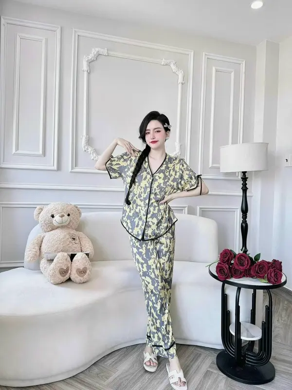 (40-76kg) Pijama Đồ bộ ngủ dành cho nữ cổ tròn tay ngắn quần cộc lụa xước ánh kim 40-76kg 6