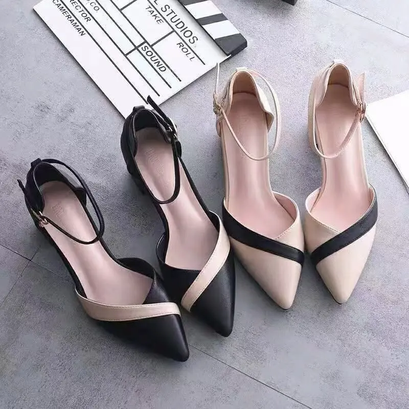 Summer Women's Sandals Hollow One-Strap Women's Shoes Versatile Ladies' Sandals Breathable Pointed Toe High Heel Women's Sandals