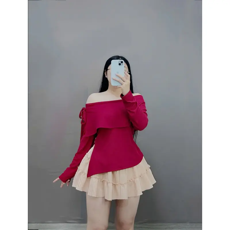 Set Bộ Trễ Vai Tiểu Thư Bigsze Nữ Tay Dài Buộc Nơ Sành Điệu Chất Tăm Mềm Mịn Phối Váy Ngắn Xòe Tầng Lưng Cao Vải Xốp Đũi SET942  Nhung Women set  dodientet Áo Kem 3