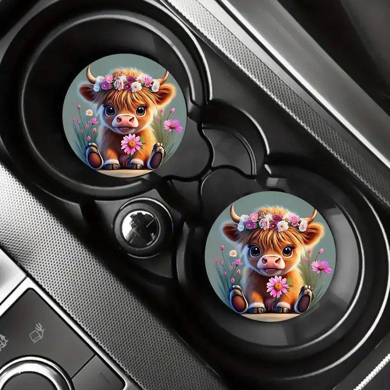 Cartoon Highland Cow Pattern Car Coaster, Round Anti-slip Car Cup Holder Pad, Car Interior Decoration Accessories for Women & Men 6